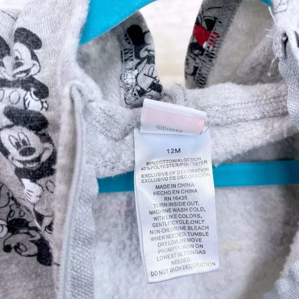 Disney Baby Hooded Ears Sweater Jumpsuit Gray Mickey Allover Print Zip Up 12M